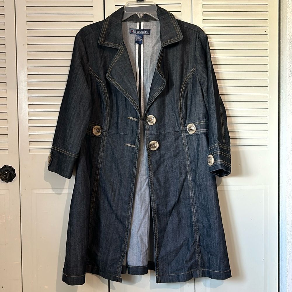 Baccini Button front denim jean jacket dress dark blue size L vtge 90s